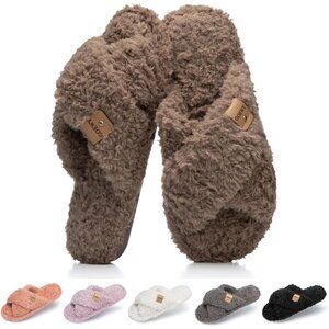 ⚡Women’s Brown Faux Fur Cozy Fuzzy Cross Band Slippers Indoor House Shoes
